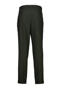 Pantalones de mezcla de lana verde oscuro con bolsillos traseros, presillas para cinturón y corte recto. Textura suave y diseño ajustado.