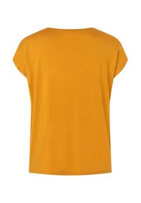 Senfgelbes Kurzarmoberteil mit rundem Ausschnitt. Glatte Textur, lockere Passform und sauberer Saum an der Taille. Minimalistisches Design.