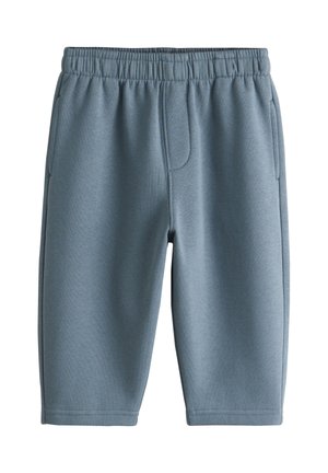 Short bleu doux à taille élastique avec poches latérales, longueur genou, fabriqué en tissu lisse adapté à une tenue décontractée.