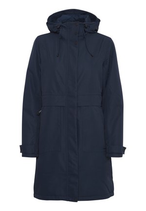 Parka imperméable bleu marine avec capuche, cordon de serrage ajustable, boutons pression, deux poches avant et poignets élastiques. Texture lisse, longueur mi-cuisse.