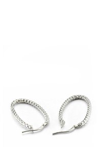Silver hoop earrings with a braided design, featuring a smooth texture and a secure post closure, displaying a polished finish.