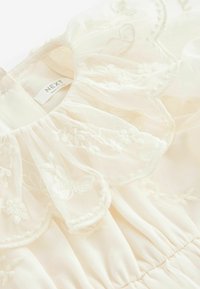 Robe couleur crème avec col volanté, broderie florale et taille plissée. Fabriquée en tissu léger et transparent. Étiquette de marque visible.