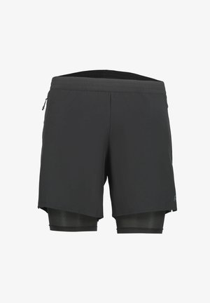 Shorts sportivi neri con fascia interna compressiva testurizzata integrata, vita elastica e tasca laterale con cerniera.