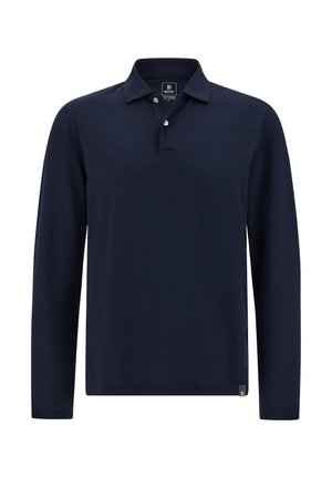 Polo shirt a maniche lunghe blu navy realizzato in tessuto morbido, con colletto classico, tre bottoni e una discreta etichetta del marchio sull'orlo.