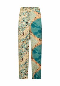 Mehrfarbige Hose mit einer Mischung aus Beige, Teal und Koralle, lockerer Schnitt und ausgeprägten künstlerischen Drucken.