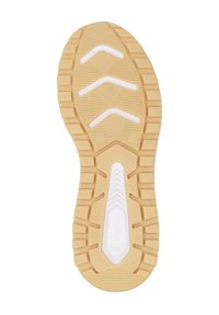 Semelle de chaussure avec une surface en caoutchouc texturé. Présente de profonds sillons pour l'adhérence, une couleur beige clair et un design d'accent blanc au centre.