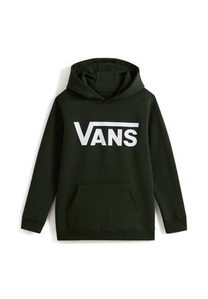 Sudadera verde oscuro con un bolsillo tipo canguro en la parte frontal, que presenta un destacado logo blanco de Vans en el pecho y una capucha con cordón.