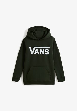 Hoodie vert foncé avec une poche kangourou à l'avant, présentant un logo Vans blanc proéminent sur la poitrine et un capuchon avec cordon de serrage.