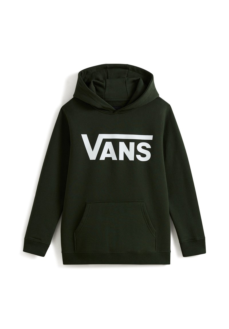 Felpa verde scuro con tasca a marsupio frontale, con un grande logo Vans bianco sul petto e cappuccio con cordino.