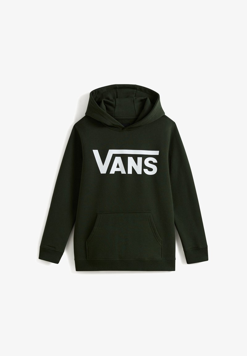Felpa verde scuro con tasca a marsupio frontale, con un grande logo Vans bianco sul petto e cappuccio con cordino.