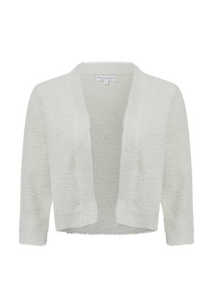 Weißer, verkürzter Cardigan aus strukturiertem Stoff mit offenem Vorderteil, gerippten Kanten und Dreiviertelärmeln. Weiche, flauschige Oberfläche.