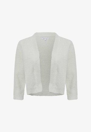 Weißer, verkürzter Cardigan aus strukturiertem Stoff mit offenem Vorderteil, gerippten Kanten und Dreiviertelärmeln. Weiche, flauschige Oberfläche.