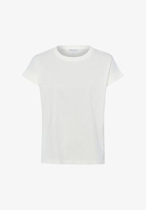 Biała bluzka z krótkim rękawem w drobne złote kropki, z okrągłym dekoltem oraz metką Marie Lund wszytą wewnątrz kołnierzyka.