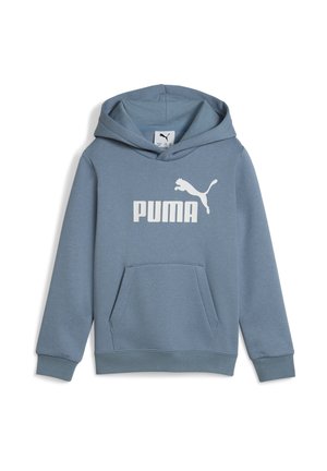 Blue hooded sweatshirt with a kangaroo pocket, featuring a white PUMA logo and a leaping puma graphic on the front. Made of soft fabric.