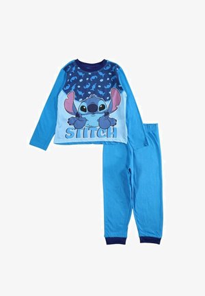 Ensemble de pyjama à manches longues bleu avec un motif Stitch sur le haut et un pantalon bleu uni avec des poignets bleu marine. Confectionné en coton doux.