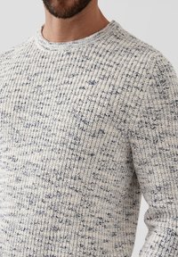 Hellfarbener Strickpullover mit strukturiertem Muster und dunkelblauen Sprenkeln, Rundhalsausschnitt und gerippten Bündchen.
