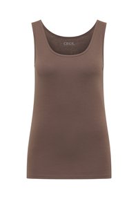 Débardeur marron sans manches en tissu doux avec un col rond. Présente une coupe ajustée et des coutures nettes le long de l'ourlet.