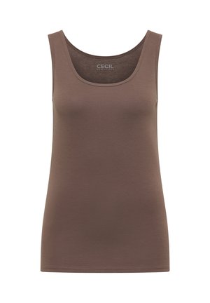 Débardeur marron sans manches en tissu doux avec un col rond. Présente une coupe ajustée et des coutures nettes le long de l'ourlet.