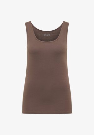 Camiseta sin mangas marrón hecha de tela suave con un escote redondo. Presenta un diseño ajustado y costuras limpias a lo largo del dobladillo.