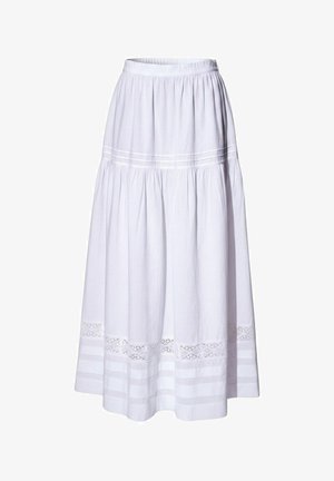 Hvid midi-nederdel med rynket talje, blonderdetalje nær kanten og horisontale gennemsigtige stribe-accenter på den nederste del.