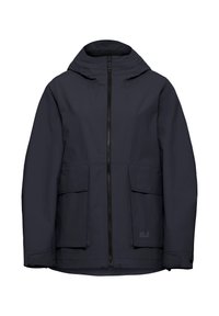 Giacca impermeabile blu scuro con cerniera frontale, cappuccio e due grandi tasche frontali. Presenta un marchio discreto e una texture liscia e opaca.