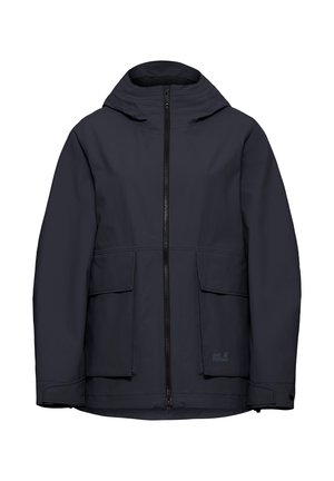 Giacca impermeabile blu scuro con cerniera frontale, cappuccio e due grandi tasche frontali. Presenta un marchio discreto e una texture liscia e opaca.