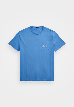 Blå bomull T-skjorte med korte ermer, rund hals og lomme med brodert "Polo RL" logo på brystet.