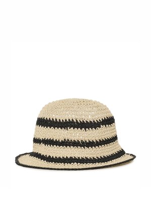 Chapeau bob beige en crochet avec des rayures horizontales noires et un bord légèrement évasé, présenté sur un fond blanc.