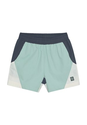Licht turquoise en marineblauwe atletiekshorts met een elastische tailleband, zijzakken, contrasterende panelen en geperforeerde details.