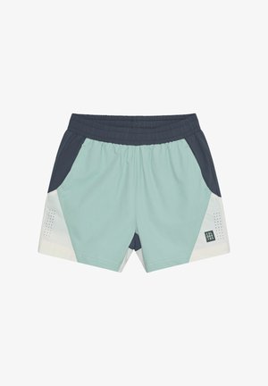 Hell-türkisfarbene und marineblaue sportliche Shorts mit elastischem Bund, Seitentaschen, kontrastierenden Einsätzen und perforierten Details.
