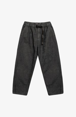 Black patterned trousers with an elastic waistband, featuring a drawstring tie, straight leg cut, and side pockets.