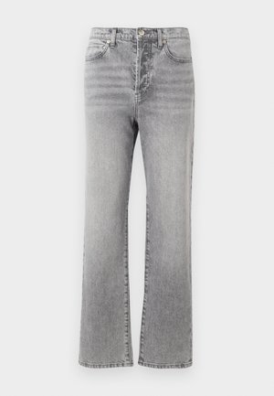 Grijze denim jeans met een recht model, middelhoge taille, vijf zakken en subtiele vervaging voor textuur. Details van metalen knopen en stiksels.