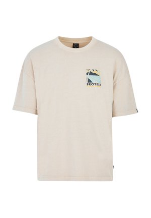 Lichtbeige katoenen t-shirt met een comfortabele pasvorm, korte mouwen en een vierkante borstzak met een meerkleurige berg- en golfafbeelding.