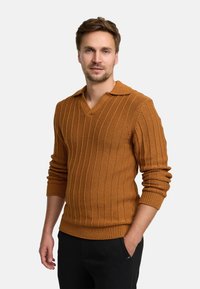 Rostfarbener, gerippter Strickpullover mit V-Ausschnitt und Kragen. Verfügt über lange Ärmel und eine strukturierte Optik. Lässige Passform.