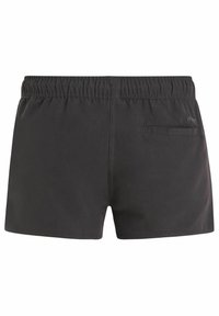 Shorts de bain noirs avec un cordon de serrage à la taille, une poche arrière et un tissu lisse et léger. Design simple, sans motifs ni accents visibles.
