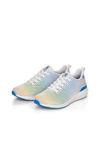 Baskets en maille blanches avec un motif dégradé en orange, vert et bleu. Présentent des accents bleus sur le talon et la languette ; conception à bout rond.