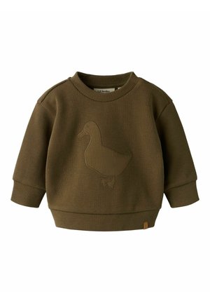 Brun toddler trøje med lange ærmer med tekstureret ande-design foran, ribstrikkede manchetter og rund halsudskæring.