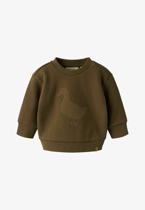 Brun toddler trøje med lange ærmer med tekstureret ande-design foran, ribstrikkede manchetter og rund halsudskæring.