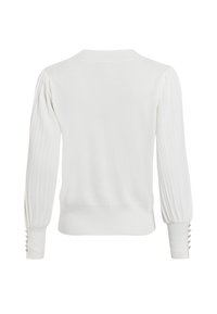 Weißer gestrickter Pullover mit gerippten langen Ärmeln, Rundhalsausschnitt und Knopfdetails an den Bündchen. Weiche Textur und enganliegendes Design.