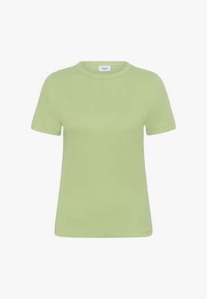 Svetlo zelena rebrasta majica s kratkimi rokavi in okroglim izrezom, z majhno belo oznako z napisom "Saint" znotraj ovratnika.