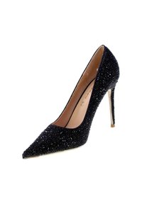 Pump nera con tacco alto coperta da scintillanti strass neri, punta affusolata e tacco a stiletto elegante. Fodera interna liscia.