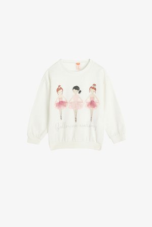 Hvid sweatshirt med tre illustrerede ballerinaer i lyserøde tutuer, med teksten "Ballerina akademi" i en blød grå skrifttype nedenfor.