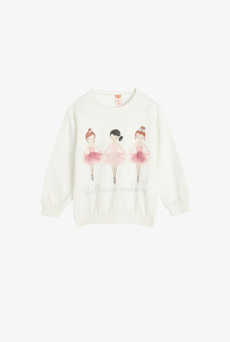 Felpa bianca con tre ballerine illustrate in tutù rosa, con il testo "Accademia di Ballerine" in un font grigio chiaro sottostante.