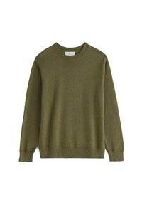 Stickad tröja i olivgrön, med rund hals, långa ärmar och ribbade muddar och nedkant. Mjuk textur med en slät finish.