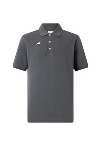 Polo grigio realizzato in tessuto morbido, con colletto a punta, chiusura a tre bottoni e logo ricamato bianco sul lato sinistro del petto.