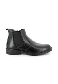 Stivale alla caviglia in pelle nera con pannelli laterali elasticizzati, finitura liscia, punta rotonda e tacco in gomma basso. Adatto per abbigliamento casual o formale.