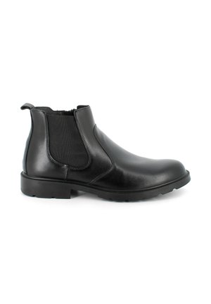 Stivale alla caviglia in pelle nera con pannelli laterali elasticizzati, finitura liscia, punta rotonda e tacco in gomma basso. Adatto per abbigliamento casual o formale.