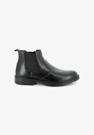 Stivale alla caviglia in pelle nera con pannelli laterali elasticizzati, finitura liscia, punta rotonda e tacco in gomma basso. Adatto per abbigliamento casual o formale.
