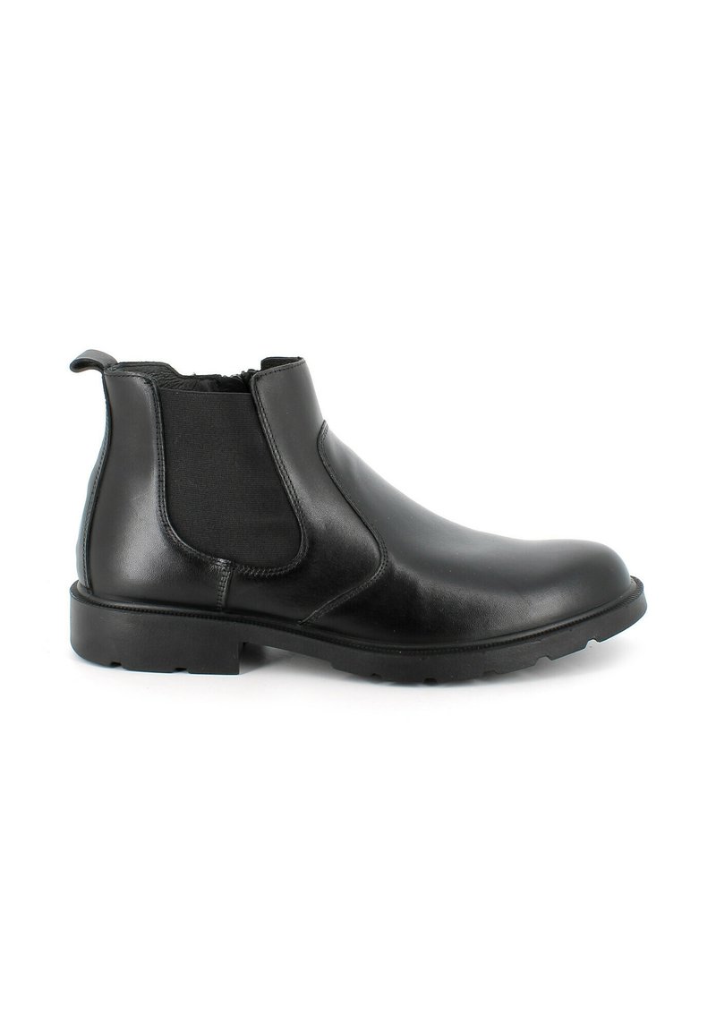 Stivale alla caviglia in pelle nera con pannelli laterali elasticizzati, finitura liscia, punta rotonda e tacco in gomma basso. Adatto per abbigliamento casual o formale.