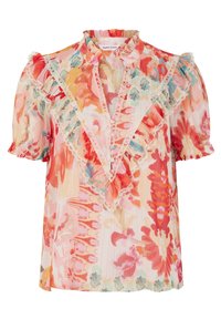 Blouse florale en tissu doux avec plusieurs couleurs pastel. Présente un col à volants, des manches froncées et des boutons décoratifs.